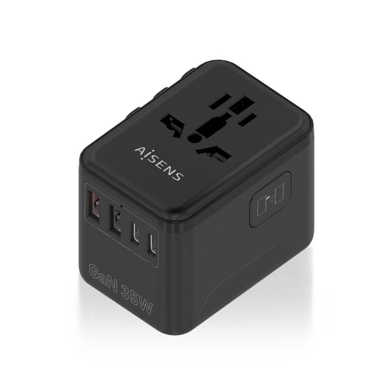 AISENS Adaptador Enchufe Universal Para Viaje EU USA UK AU Con Cargador USB GaN, 2xUSB-A (A1 QC3.0), ASPS-2A3C09-BK