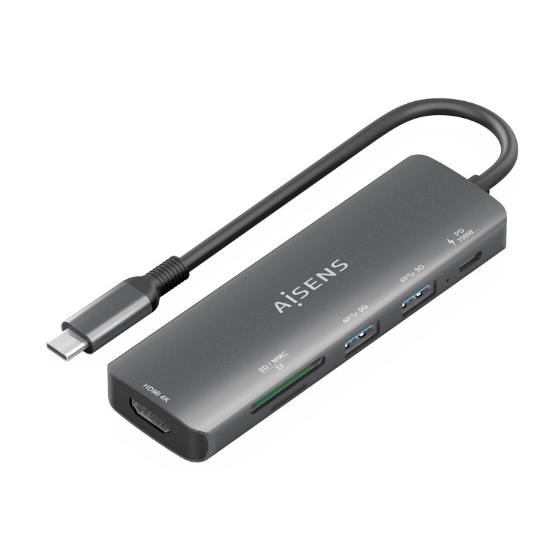 AISENS USB-C Dock 6 en 1, USB-C A, 1x HDMI, 2x USB-A, 1x USB-C PD 100W, 1x SD, 1x MicroSD, Gris, 15c ASUC-6P023-GR