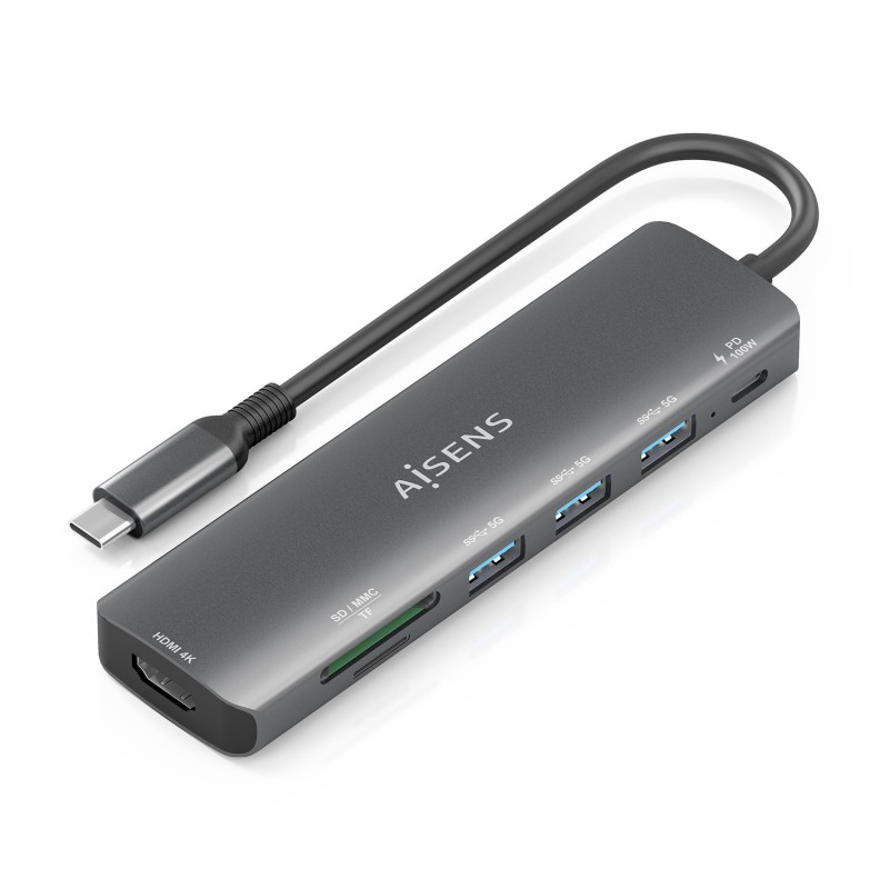 AISENS USB-C Dock 7 en 1, USB-C A, 1x HDMI, 3x USB-A, 1x USB-C PD 100W, 1x SD, 1x MicroSD, Gris, 15c ASUC-7P025-GR