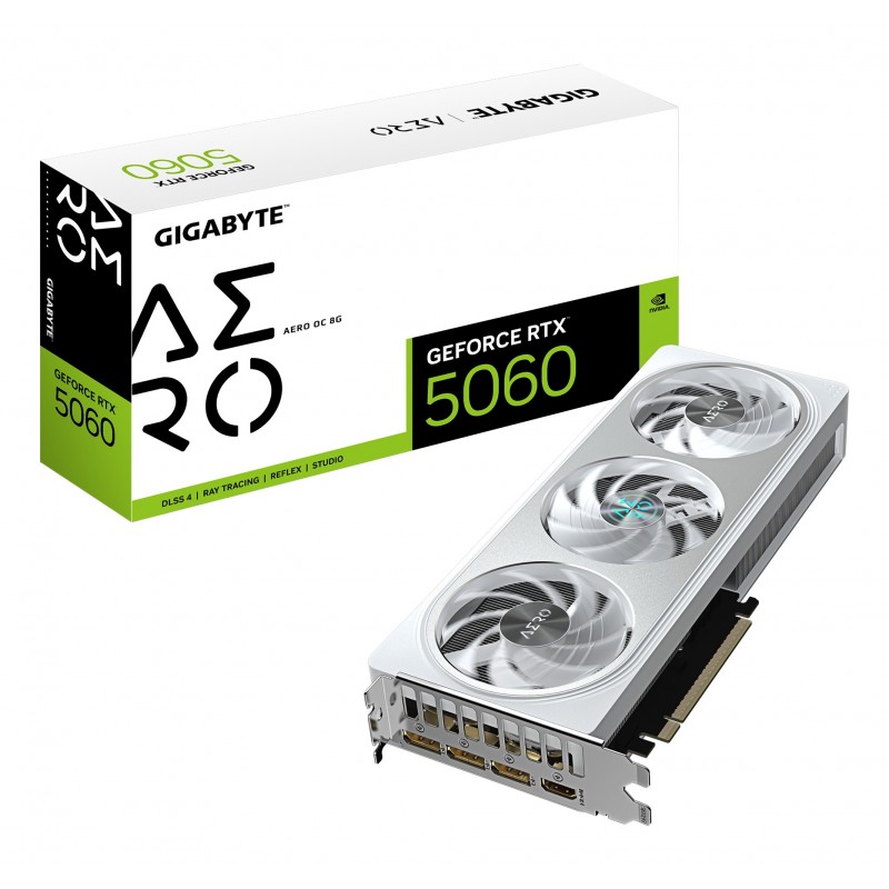 GIGABYTE GeForce RTX 5060 AERO OC 8G Tarjeta Gráfica - 8GB GDDR7, 128bit, PCI-E 5.0, 2595 MHz Frecue 9VN5060AO-00-G10