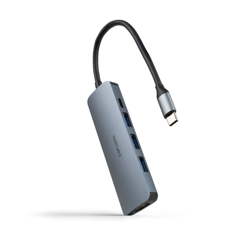 Nanocable Hub USB-C 5 en 1, Conversor USB-C 3.1 a 3xUSB-A 3.0 + USB-C PD + HDMI, Aluminio, Gris, 18  10.16.4605