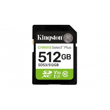 Kingston Technology 512 GB SDXC Canvas Select Plus Gen3 150 MB s C10 UHS-I U3 V30 SDS3 512GB