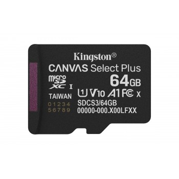 Kingston Technology 64GB micSDXC Canvas Select Plus Gen3 100R A1 (Adaptador de SD no incluido) SDCS3 64GBSP