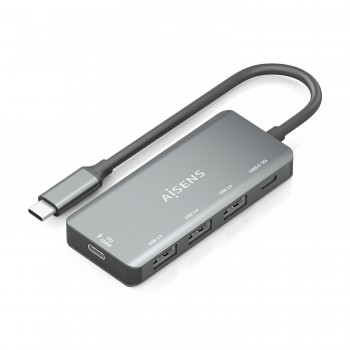 AISENS Hub USB 3.1 USB-C, USB-C M-1xUSB-C PD 100W+1xUSB-C USB3.0 H+3xUSB-A USB2.0 H, Gris, 15cm A109-0945