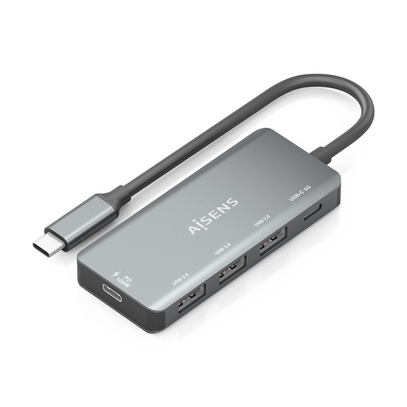 AISENS Hub USB 3.1 USB-C, USB-C M-1xUSB-C PD 100W+1xUSB-C USB3.0 H+3xUSB-A USB2.0 H, Gris, 15cm A109-0945