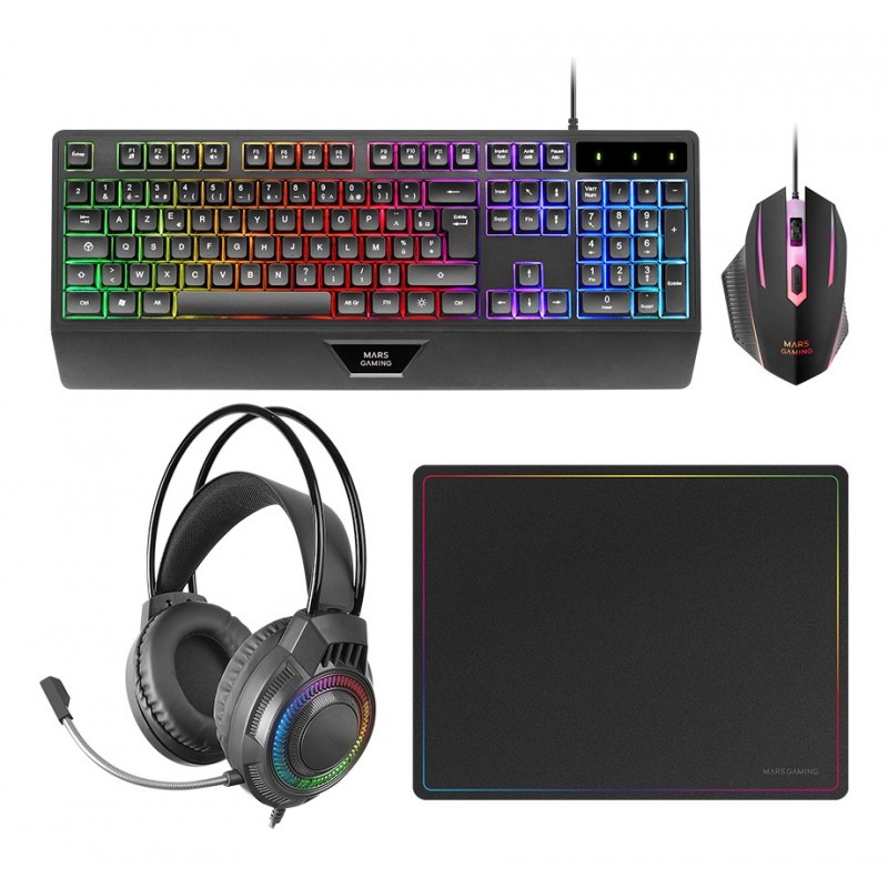 Pack Gaming Mars Gaming MCP124PROES  Teclado + Ratón Óptico + Auriculares + Alfombrilla Español, Neg