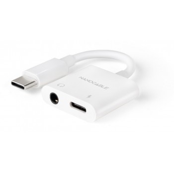 Nanocable Adaptador de Audio USB-C M a Jack 3.5 H + USB-C H PD 60W, 11.5 cm, Blanco 10.24.1206