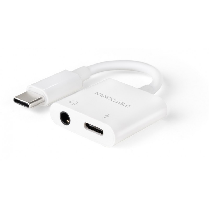 Nanocable Adaptador de Audio USB-C M a Jack 3.5 H + USB-C H PD 60W, 11.5 cm, Blanco 10.24.1206
