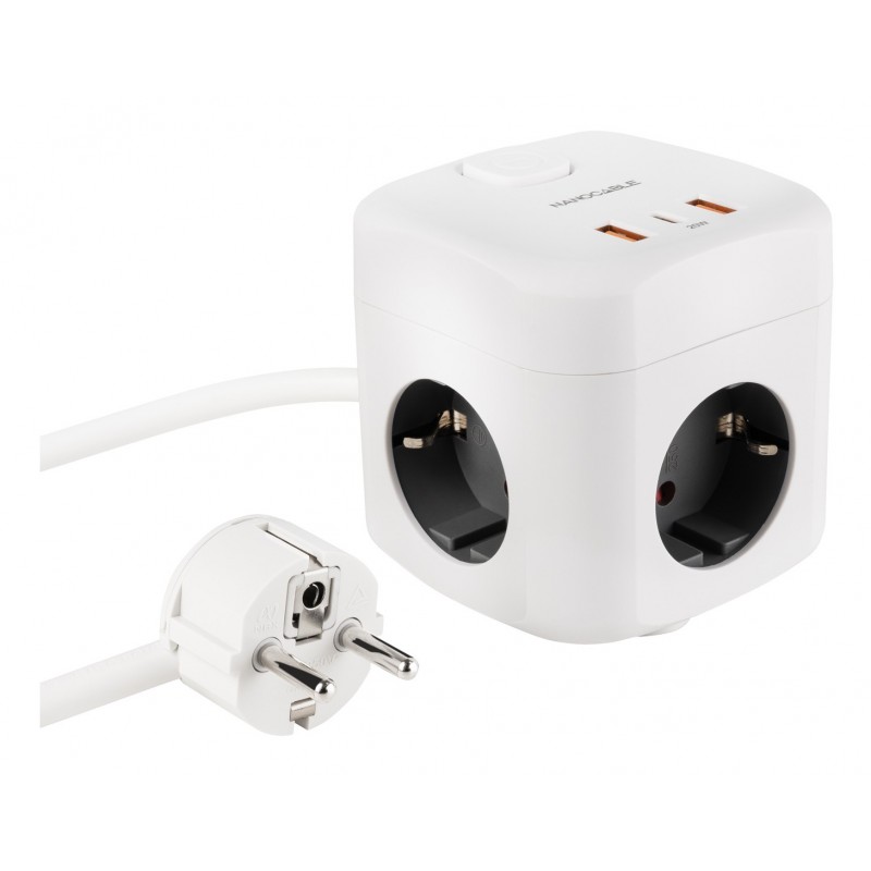 Nanocable Base de 3 enchufes con 3 USB (2 USB-A + 1 USB-C), GaN + PPS, PD 20W, con interruptor, Blan 10.37.0011