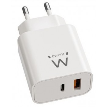 Ewent Cargador Rápido GaN de 20W USB-C PD y USB-A QC, Diseño Compacto ew1318