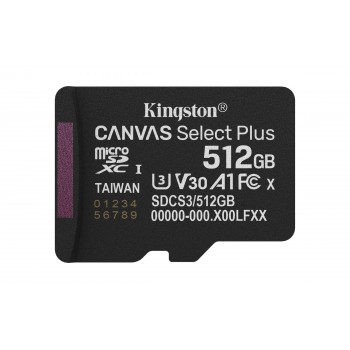 Kingston Technology 512GB micSDXC Canvas Select Plus Gen3 150R A1 (Adaptador de SD no incluido) SDCS3 512GBSP