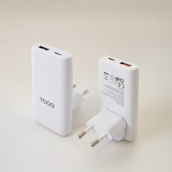 TooQ Cargador de viaje Tipo C y Tipo A, GaN 65W, USB-C/PD + USB-A/QC, Blanco TQWC-GANSL65W1A1C