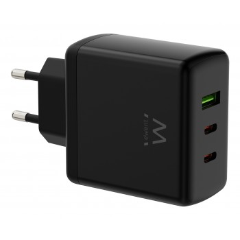 Ewent Cargador rápido GaN de 65W con 3 puertos (2 USB-C PD y 1 USB-A QC), diseño compacto EW1331
