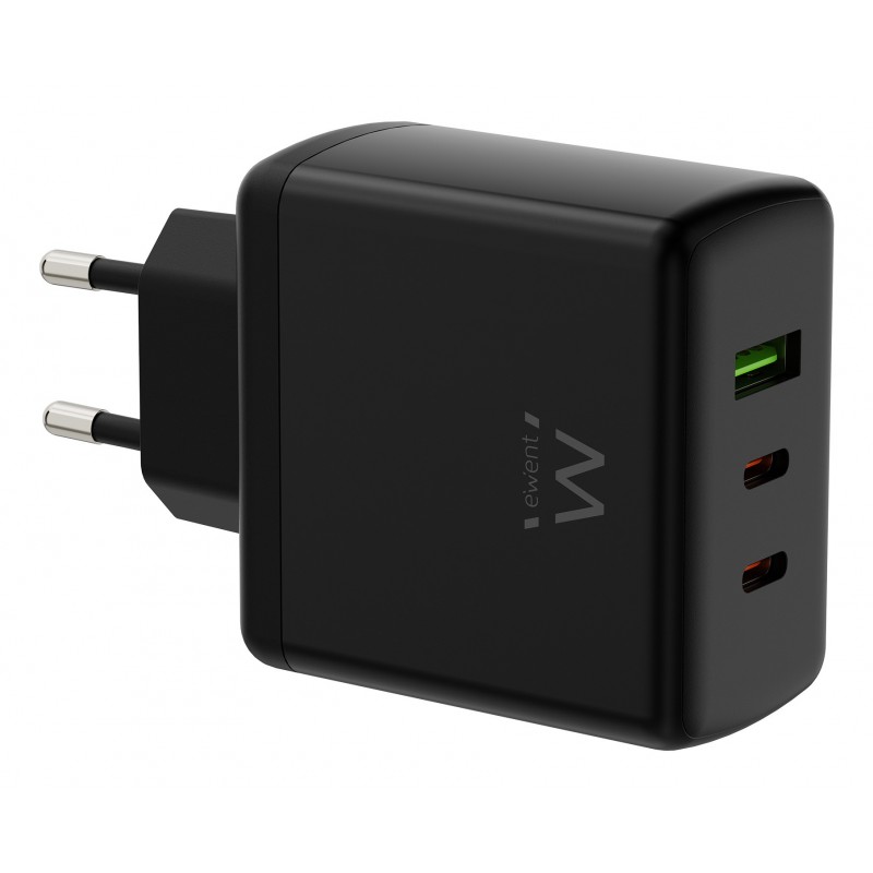 Ewent Cargador rápido GaN de 65W con 3 puertos (2 USB-C PD y 1 USB-A QC), diseño compacto EW1331