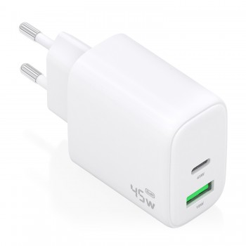 Cargador GaN 45W, 1xUSB-C PD3.0 QC4.0, 1xUSB-A QC3.0, Blanco A110-0971