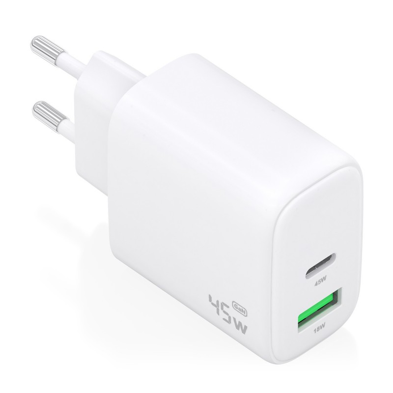 Cargador GaN 45W, 1xUSB-C PD3.0 QC4.0, 1xUSB-A QC3.0, Blanco A110-0971