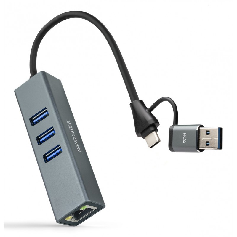 Nanocable Conversor USB-C+USB-A M 3.0 a Ethernet + 3xUSB-A 3.0, Aluminio, Gris, 15 cm 10.03.0412