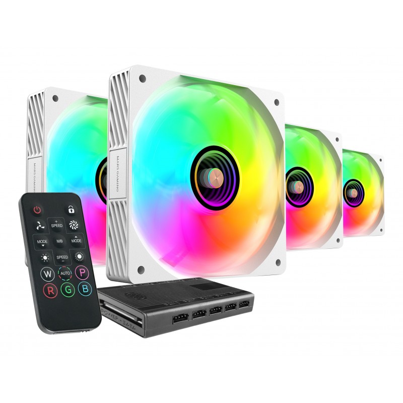 Mars Gaming MFSI4KITW - Kit de ventiladores ARGB - 120mm - 4 ventiladores - Hub y Mando a distancia 