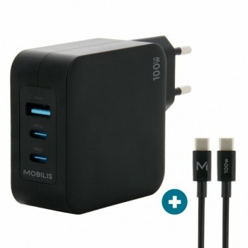 Mobilis Charger 100W 2USB C 1USBA GaN - 100W - USB-C USB-A - Negro - Corriente alterna 001365