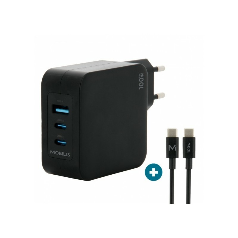 Mobilis Charger 100W 2USB C 1USBA GaN - 100W - USB-C USB-A - Negro - Corriente alterna 001365