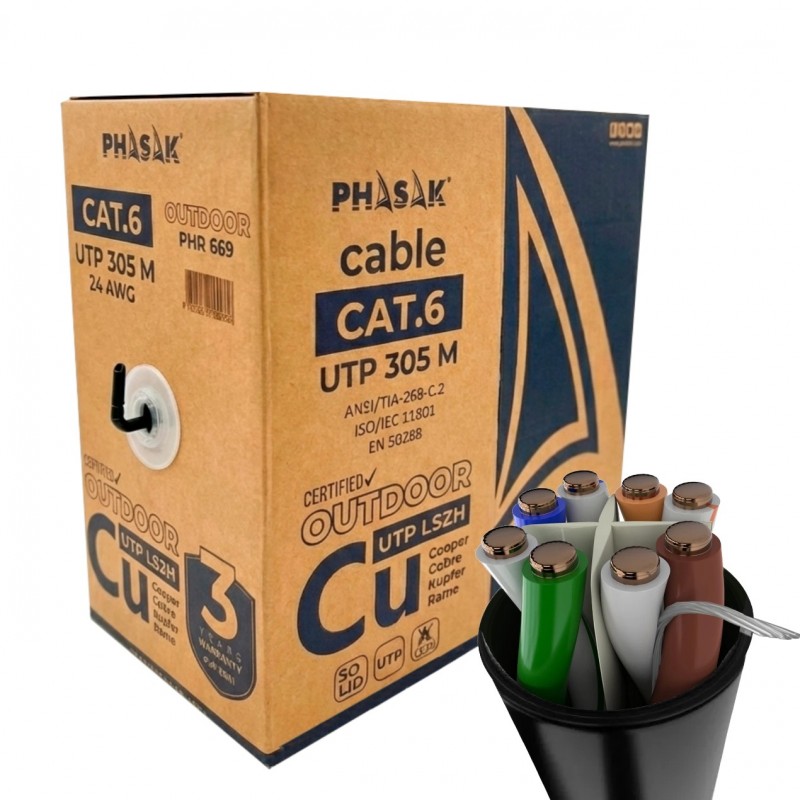 Phasak Bobina de cable de red exterior S-FTP Cat.6A cobre 100% sólido LSZH 305 m gris – PHR 669 |