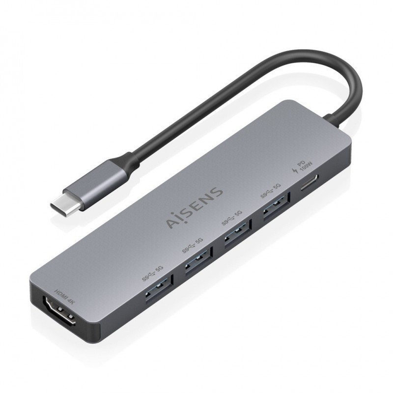 AISENS USB-C Dock 6 en 1, USB-C a 1xHDMI, 4xUSB-A, 1xUSB-C PD 100W, Gris, 15cm ASUC-6P047-GR