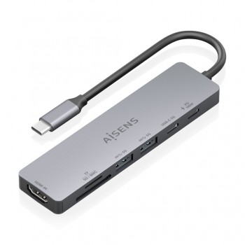 AISENS USB-C Dock 7 en 1, USB-C a 1xHDMI, 2xUSB-A, 1xUSB-C, 1xUSB-C PD 100W, 1xSD, 1xMicroSD, Gris,  ASUC-7P048-GR