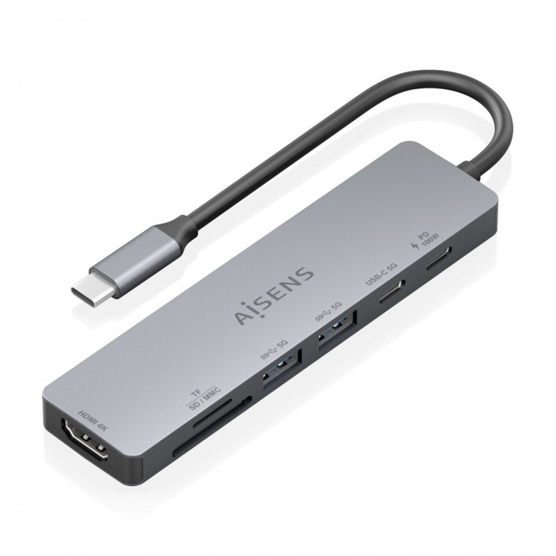 AISENS USB-C Dock 7 en 1, USB-C a 1xHDMI, 2xUSB-A, 1xUSB-C, 1xUSB-C PD 100W, 1xSD, 1xMicroSD, Gris,  ASUC-7P048-GR