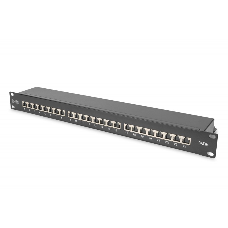 Patch Panel CAT 6A, blindado, 1U, 24 puertos, 8P8C, bl RAL 9005, 483 mm (19 ")   482,6x44x109  DN-91624S-EA-B