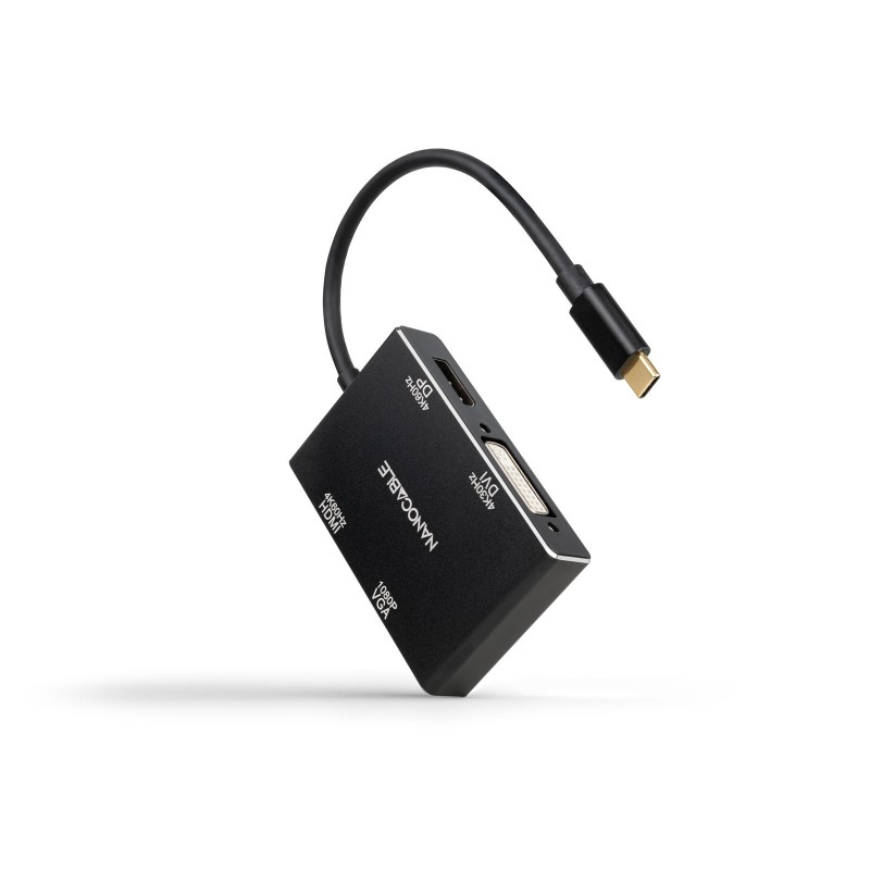 Nanocable Conversor USB-C M a HDMI H   DVI H   DP H   VGA H, Negro, 10 cm 10.16.4307