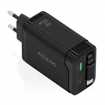 AISENS ASCH-65W3P071-BK - USB-C USB-A - 65W - Negro - GaN - Cable retráctil integrado